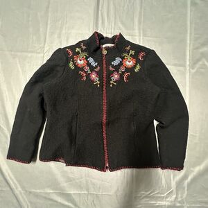 Coldwater Creek Jacket Womans Large Floral Embroidered Wool Full Zip Sweater